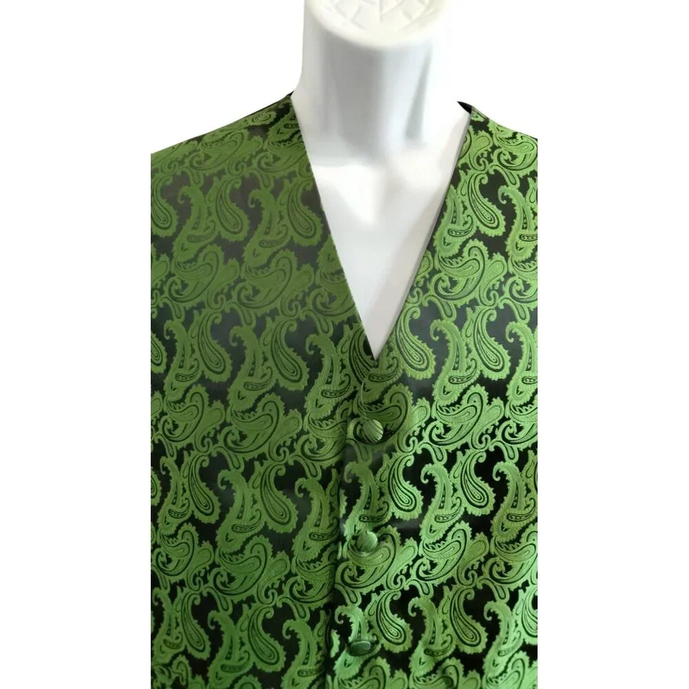 Brand Q Medium Paisley Green & Black Vest Formal Wedding Prom Adjustable Stylish